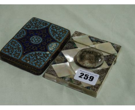 A Mother Of Pearl Covered Card Case Together With A Middle Eastern Enamel Decorated Cigarette Case And A Ruskin Pottery Brooc