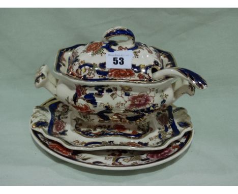 A Masons Ironstone Mandalay Pattern Sauce Tureen, Ladle And Plate Together With A Further Circular Plate