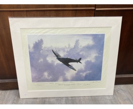 A limited edition print after Michael Roidot, "HIgh in the Sunlight Silence", Spitfire in flight, multiple signatures includi