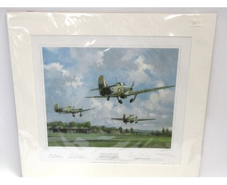 A limited edition print by Michael Turner "Hurricanes From Kenley", multiple signatures including Gp. Capt. George A. Brown D