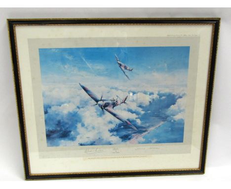 A Robert Taylor First Edition print "Spitfire" signed by flying aces Johnnie Johnson and Douglas Bader, foxed throughout, fra