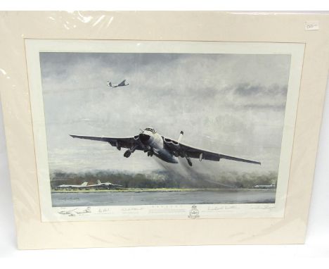A limited edition print after Michael Rondot "Valiant", Vickers Valiant taking off, multiple signatures with sketch to margin
