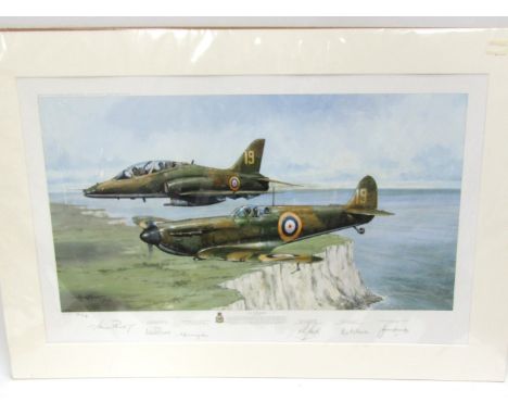 A limited edition print after Michael Rondot, "70 Years", Hawk and Spitfire in flight over White Cliffs, multiple signatures,