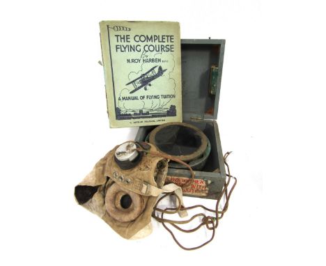 An RAF E Type flying helmet with RAF P10 aircraft compass and a manual on flying (3)