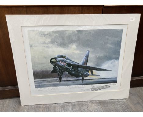 A limited edition print "Lightning Legend" of English Electric Lightning, after Michael Rondot signed by crew and artist, pen