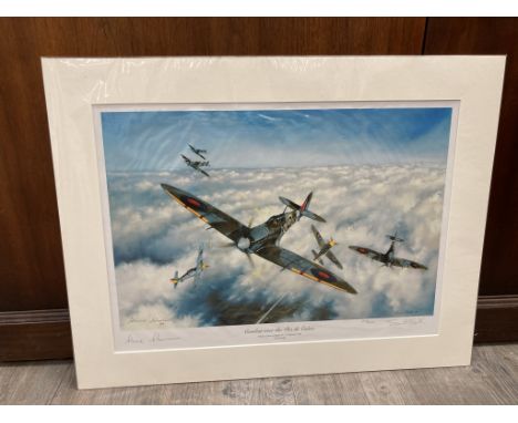 A limited edition print "Combat over the Pas de Calais" after Simon Smith, signed by artist and Johnnie Johnson, mounted