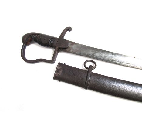 A Prussian Blucher sabre, the curved swelled steel blade joining a stirrup hilt with wooden ribbed grip, steel two-ring scabb