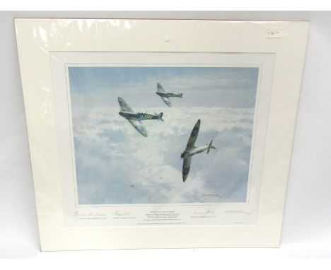 A limited edition print after Michael Turner (1934-), "Spitfires in the Sunshine", multiple signatures, 568/850, unframed   