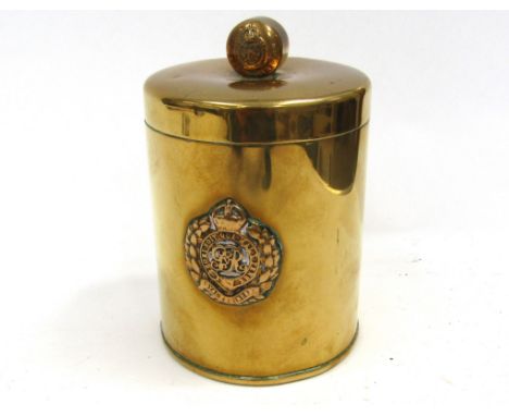 A WWI trench art brass trinket box with applied Royal Engineers badge to front and button knop