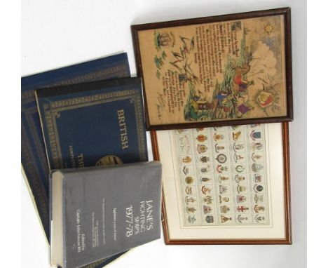 A quantity of ephemera including James Fighting Ships 1977-78, HMS Ajax print and a Royal Naval crests print 