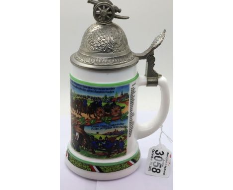 German ceramic stein decorated with WWI Imperial Regiments and pewter cover with cannon finial. P&amp;P Group 1 (£14+VAT for 