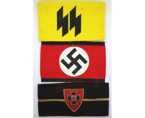 Three good quality embroidered wool replica German WWII armbands, including veterans, SS and party members. P&amp;P Group 1 (