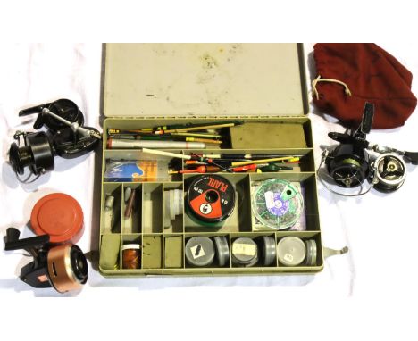 Collection of mixed fishing items including boxed fishing tackle, three reels Abli 503, Intrepid Super TN, Garcia Mitchell 30