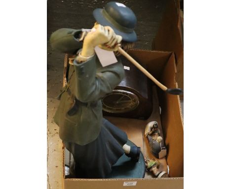 Hummel figurine of a girl with a basket, together with a Chinese mudman playing Go and a composite lady golfer and a hat shap