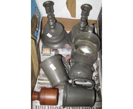 Box of pewter to include: pair of candlesticks, tankers, two handled sucrier etc. (B.P. 24% incl. VAT)