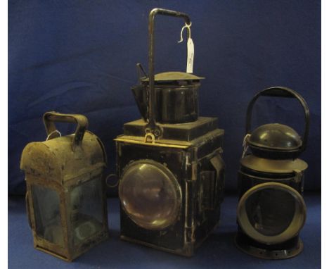 Large black enamelled British Rail double sided railway lantern. 46cm high approx. Together with a British Rail (Western regi