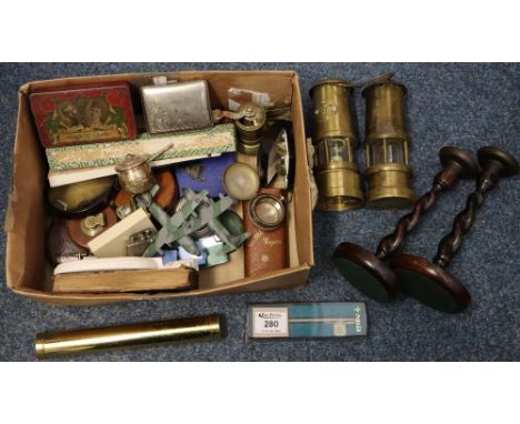 Box of assorted items to include: miners lamps, candlesticks, cigarette cases, coffee grinder, pocket watch etc. (B.P. 24% in