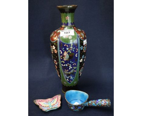 Japanese cloisonne enamel vase overall decorated with flowerheads and butterflies, together with a Chinese enamelled metal la