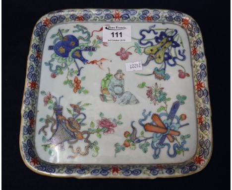 Chinese porcelain famille rose enamel decorated square tray depicting precious objects around a central figural motif.(B.P. 2