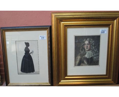 Silhouette of a Victorian woman with bouquet of flowers, watercolours, framed and glazed, together with a portrait of a gent 