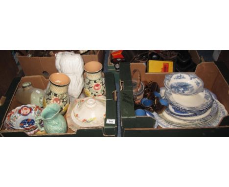 Two boxes of assorted china to include: pair of Brentleigh ware floral vases, Japanese porcelain Imari pedestal bowl, blue an