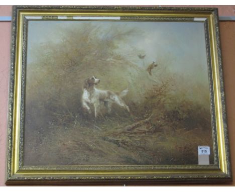 Modern furnishing painting, spaniel flushing game, oils on board. 52 x 60cm approx. Framed. (B.P. 24% incl. VAT)