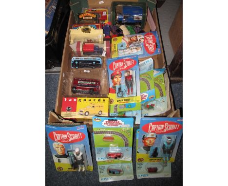 Box of assorted toys to include: Captain Scarlet figurines, Thomas the Tank Engine & Friends miniature diecast trains, Vangua