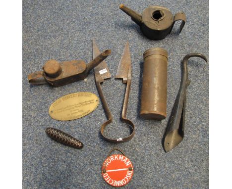 Box of oddments to include: sheep shears, oil cans, 'workman disconnected' enamel badge, Great Western Railway sign etc. (B.P