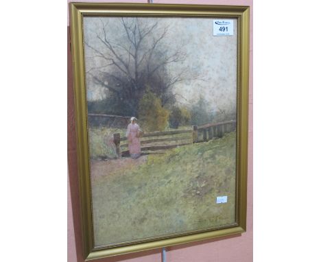 C G Smith, figure in a landscape with gate, signed, watercolours. 36 x 26cm approx. Framed and glazed. (B.P. 24% incl. VAT)