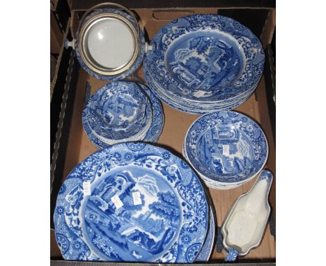 Box of Copeland Spode Italian blue and white transfer printed dinnerware items to include: plates, bowls, sucrier, biscuit ba