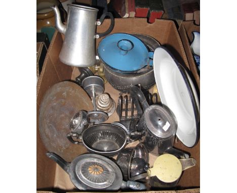 Box of assorted metalware to include: toast rack, pair of salts, teaware items, enamel chamber stick and dish etc. (B.P. 24% 