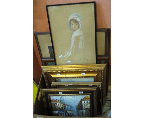Box of assorted furnishing pictures, paintings etc, portrait studies, landscapes, topographical. (B.P. 24% incl. VAT)