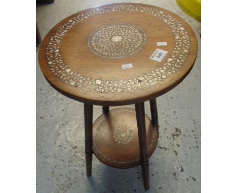 Small Moorish bone foliate inlaid circular jardiniere with under shelf. (B.P. 24% incl. VAT)