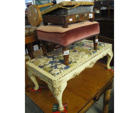 Painted and upholstered footstool on cabriole legs, together with another 20th Century footstool and a small 19th Century sto