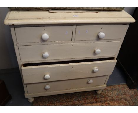 Victorian painted straight front chest of two short and three long drawers with ceramic knob handles on baluster turned legs 
