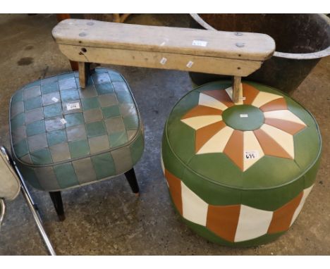 Multicoloured geometric circular pouffe, together with a checked retro stool and a small pine farmhouse stool. (3)(B.P. 24% i