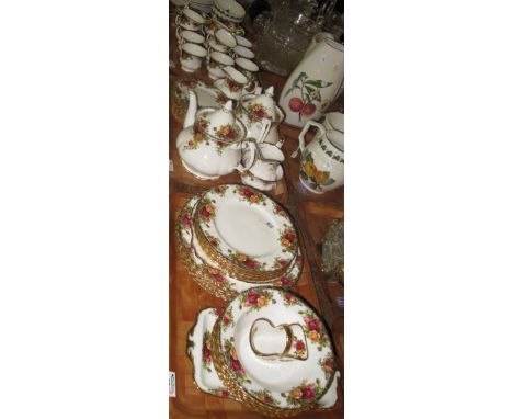 Three trays of Royal Albert 'Old Country Roses' bone china teaware items to include: teapots, milk jugs, sucriers, plates, cu