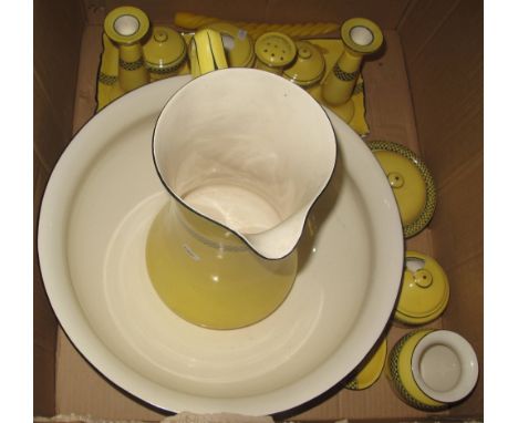 Crown Ducal yellow ground with chequered banding jug and basin set with matching accessories. (B.P. 24% incl. VAT)