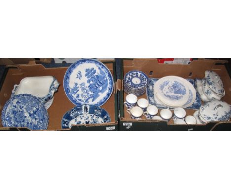 Two boxes of blue and white china to include: set of six 19th Century botanical beauties plates, Japanese porcelain dish, Roy