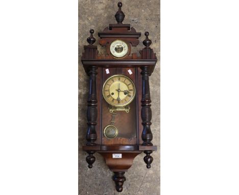 Early 20th Century stained two train wall clock with pendulum and barometer. (B.P. 24% incl. VAT)