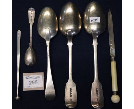 Two Victorian silver tablespoons, an 18th Century silver tablespoon, unusual tiny silver ladle, ivory handled silver letter k