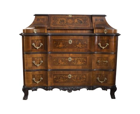 Baroque chest of drawers writing secretary second half of the 19th centurySoftwood corpus, walnut veneer, curved front, marke