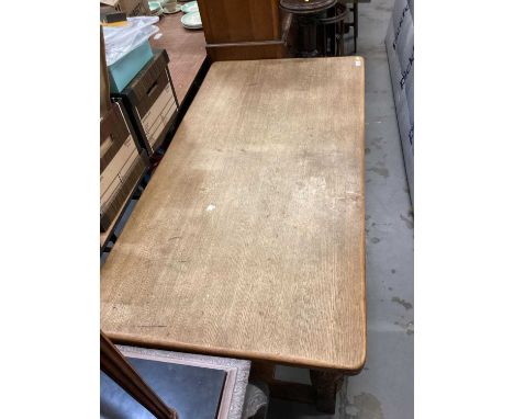 Old light oak Carolean-style refectory table on carved cup and cover supports joined by stretchers 151 cm long x 75 cm deep, 