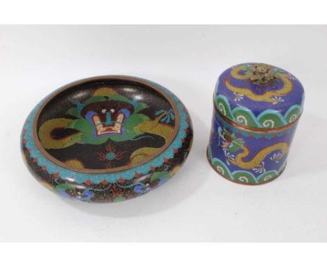 Large Chinese cloisonné bowl, decorated with dragons in clouds, four character mark to base, 30cm diameter, together with a s