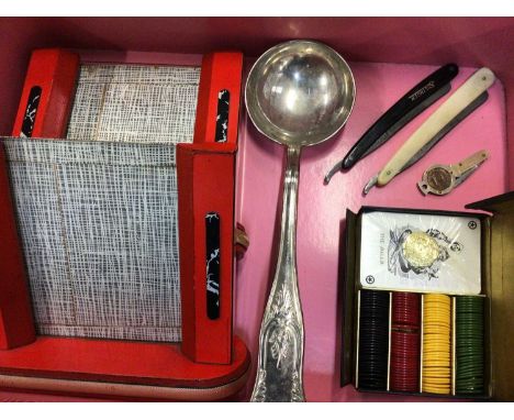 Pair of Art Deco style picture frames, cut throat razors, plated soup ladle, Pontoon set and Kodak Bantan Color's nap camera