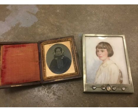 Early 20th century portrait miniature on ivory of a young girl in Art Nouveau cabouchon set frame, together with an ambrotype