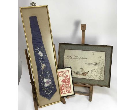 Group of Chinese pictures and prints to include a embroided silk panel, set of cut paper pictures, prints in Chinese frames a