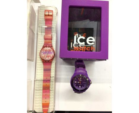 Swatch watch in case and Ice "forever purple" watch in case