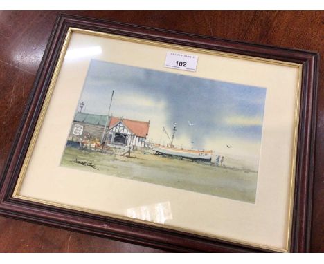 Derek Cook, contemporary watercolour of Aldeburgh together with a portrait of Weimeraner, both in glazed frames
