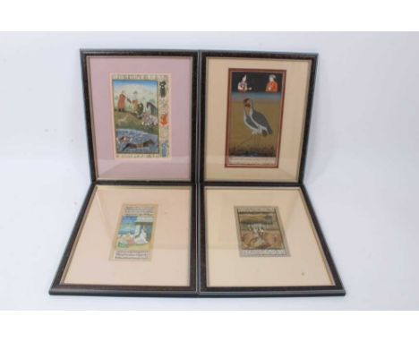 Group of four Indo-Persian hand painted manuscript leaves, each with figural scene and script panels, various sizes, all pres